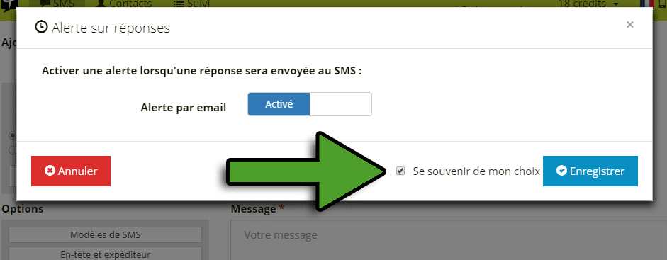 Option d'enregistrement du choix pour les alertes sur réponses SMS