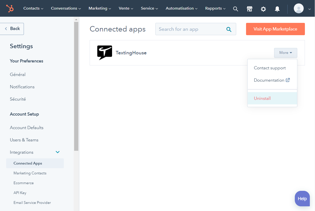 Uninstall TextingHouse for HubSpot
