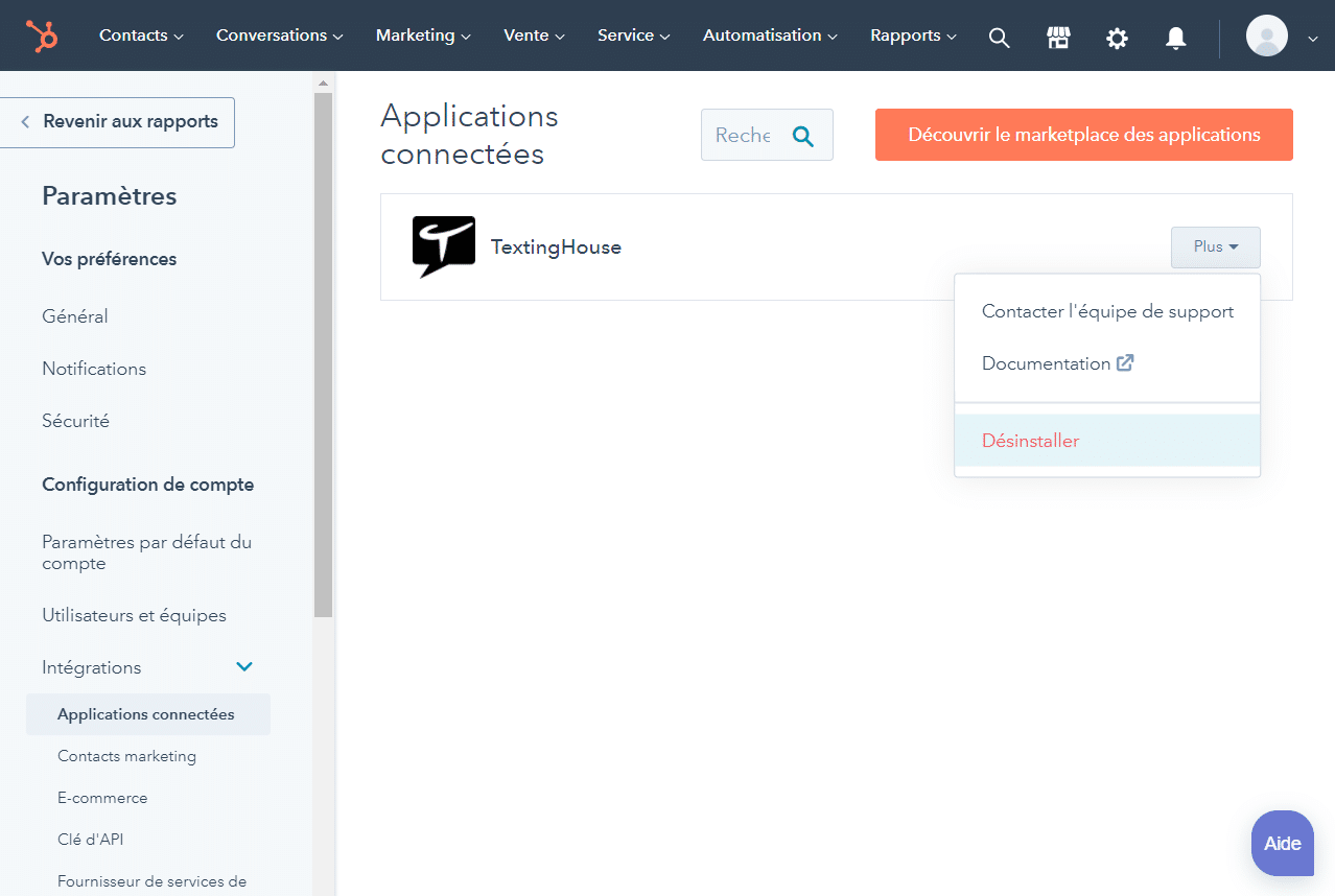 Désinstaller TextingHouse pour HubSpot