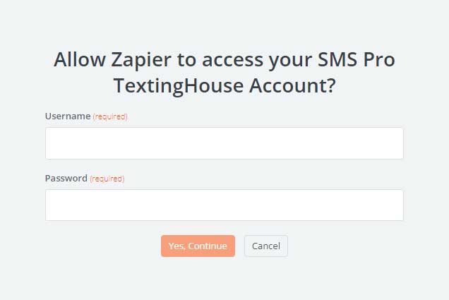 Page de d'autorisation de SMS Pro TextingHouse avec Zapier