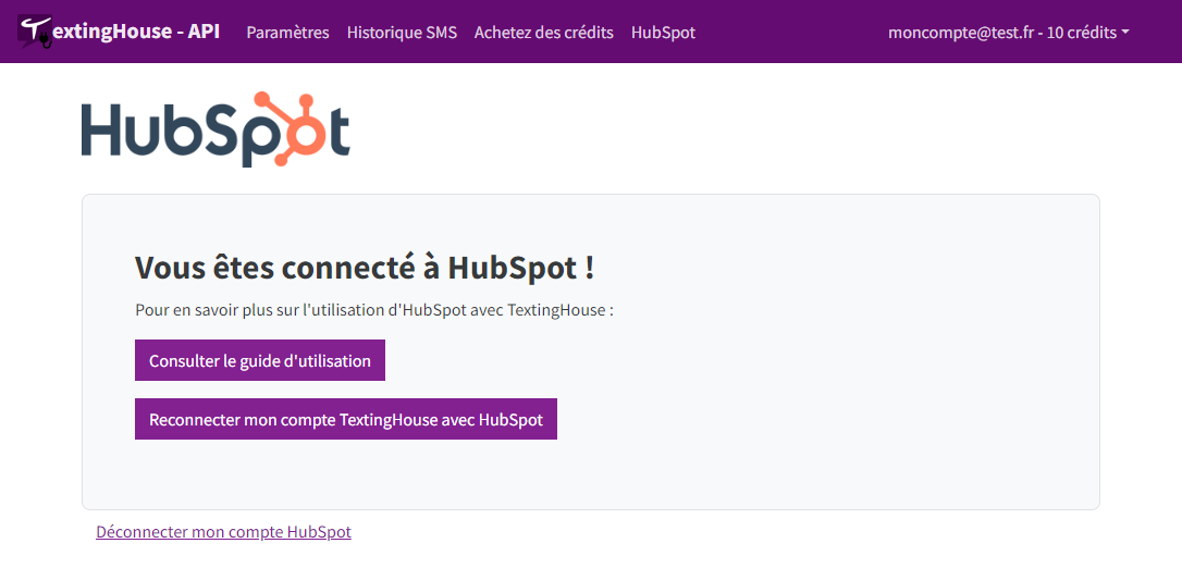 Vous êtes connecté à HubSpot pour envoyer des SMS