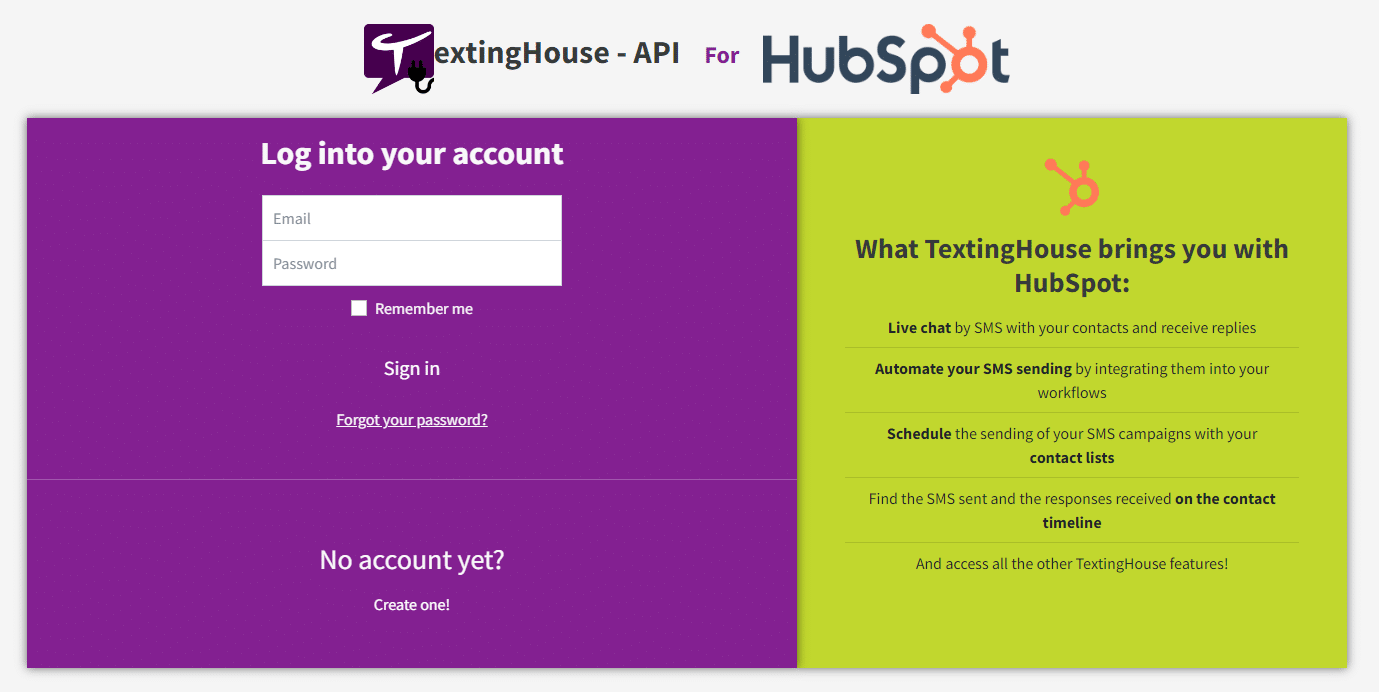 TextingHouse API login interface for HubSpot