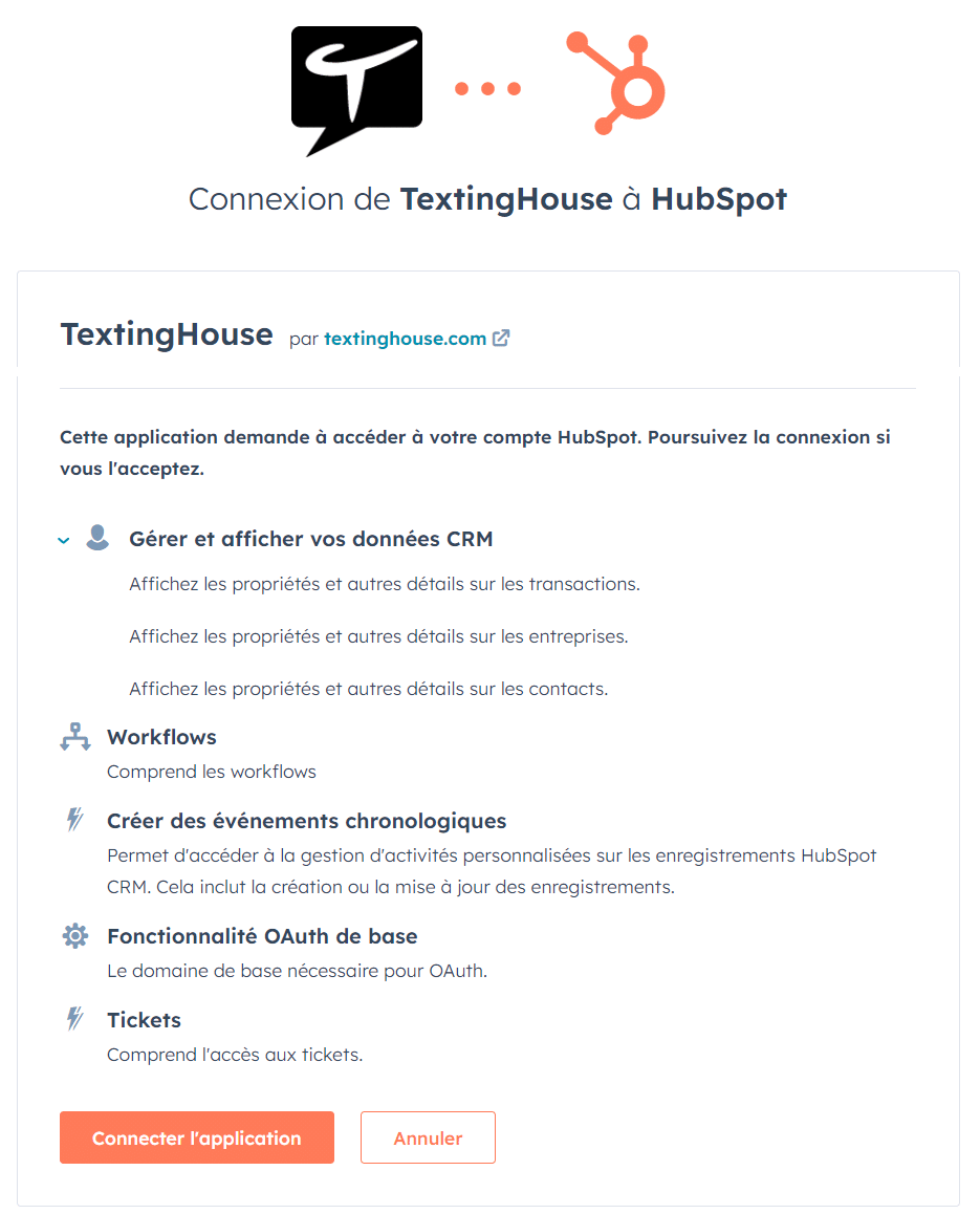 Page de connexion d'HubSpot avec TextingHouse