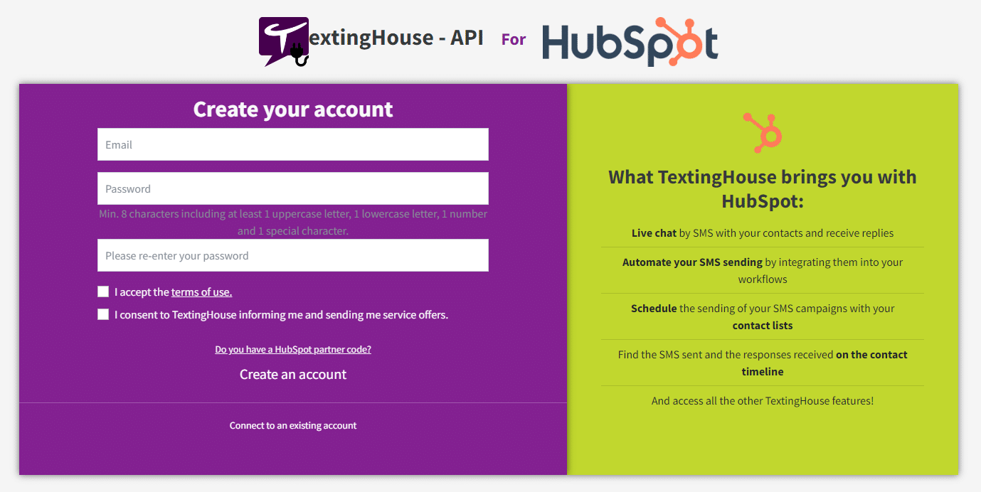 TextingHouse SMS account creation page for HubSpot