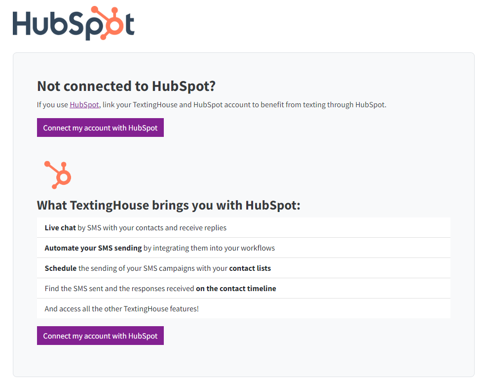HubSpot and TextingHouse SMS account linking page
