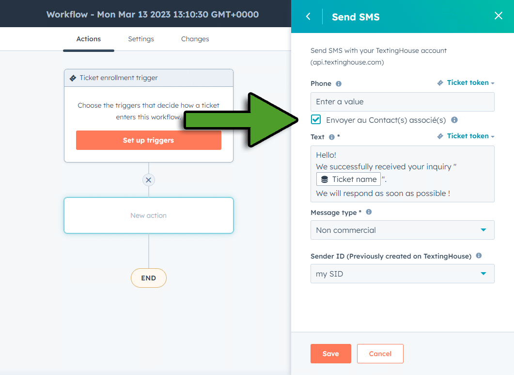 Screenshot showing Send SMS action for a HubSpot Ticket-based workflow