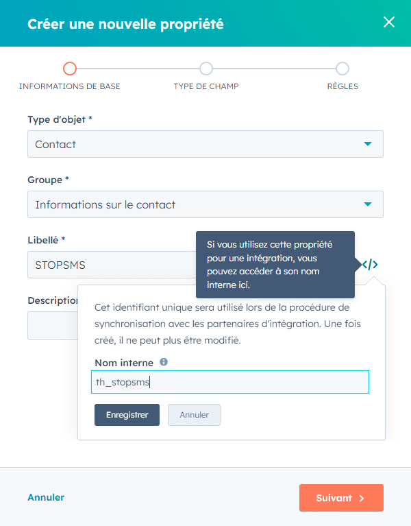 Ajouter la propriété de contact HubSpot pour le STOP SMS