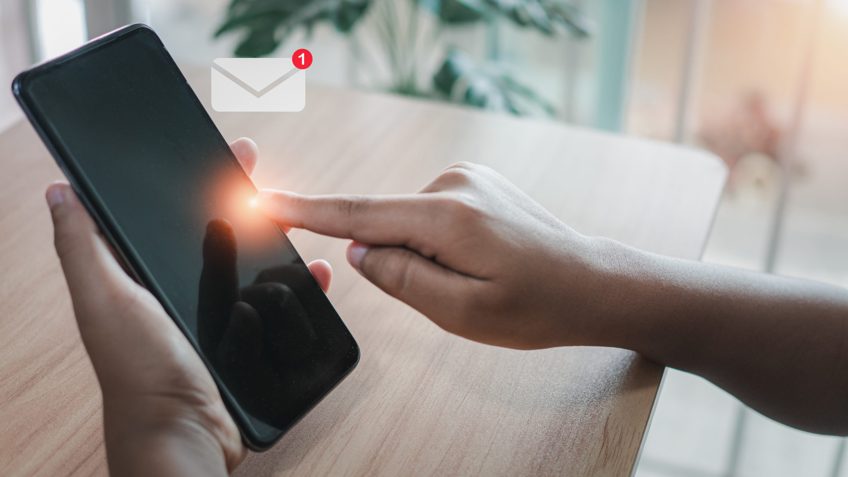 Human hand touching email on virtual screen. New email notificat
