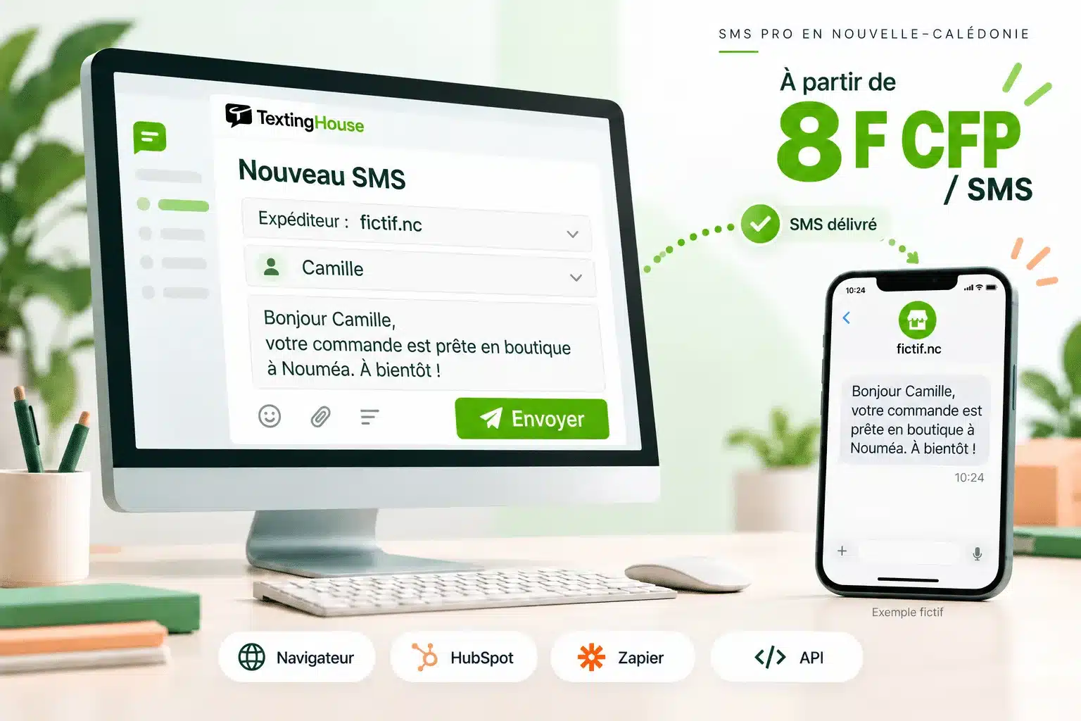 Envoi de SMS pro en Nouvelle-Calédonie avec TextingHouse : SMS envoyé depuis l'ordinateur et reçu sur mobile à Nouméa