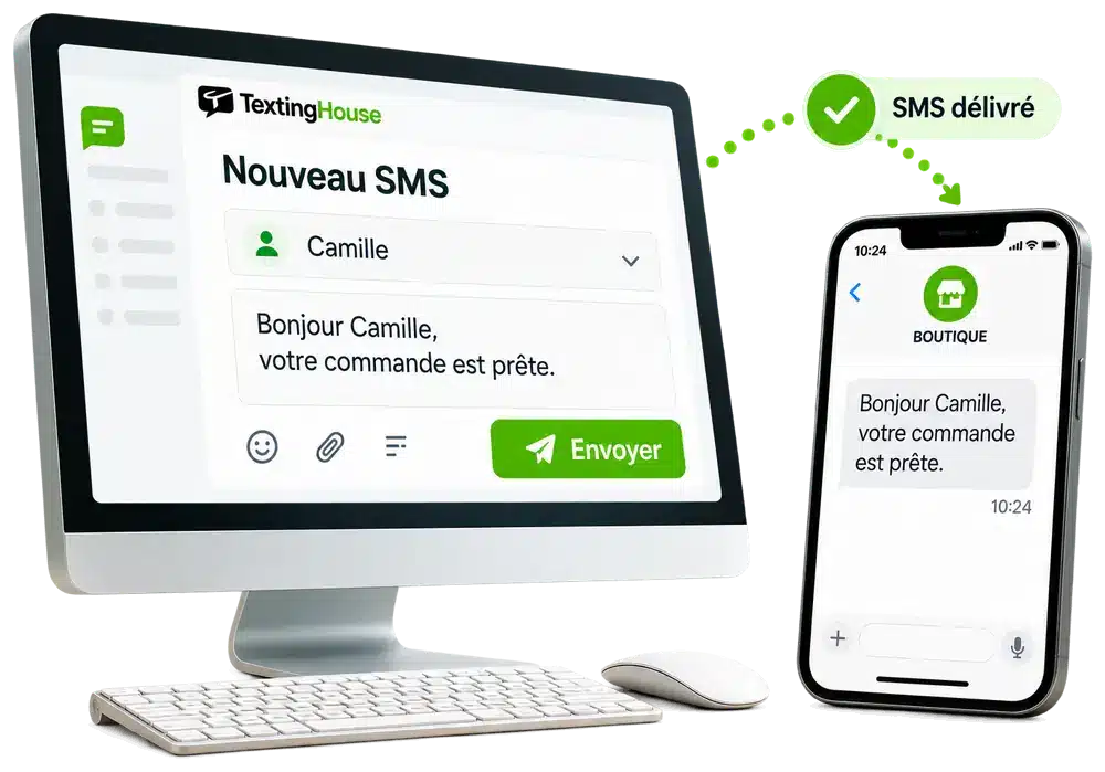 Envoi de SMS professionnels depuis un ordinateur avec TextingHouse : le SMS est délivré sur le mobile du client